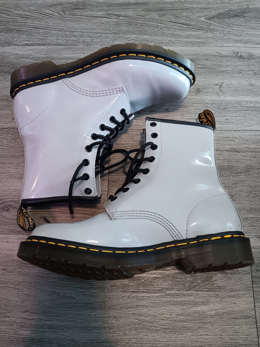 Dr. Martens 1460 Gray Patent Leather Boots with Yellow Stitching